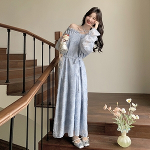 法式浪漫蓝色连衣裙女2025年春季新款高级感温柔风精致提花长裙子图片