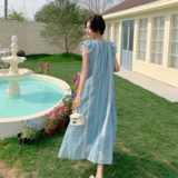 独特绝美慵懒松弛感蓝色小飞袖连衣裙女夏设计感温柔气质连身长裙，女装连衣裙，浙宝189