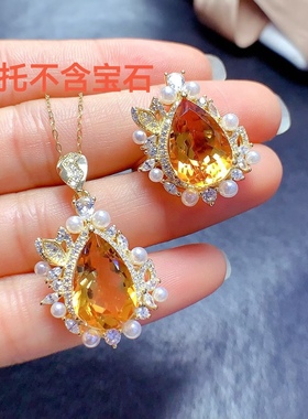 S925银套装戒指+吊坠空托 水滴10*14mm镀18K白金玫瑰金黄金色镶嵌