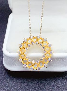 群镶S925银吊坠 空托 椭圆3*4mm 银托镀白金黄金色