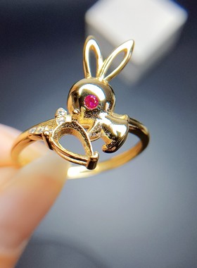S925银小兔子戒指空托水滴4*6mm