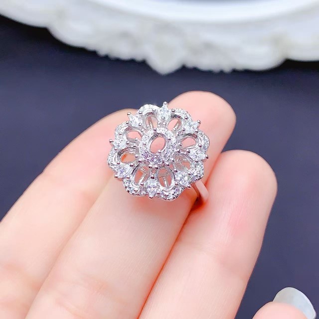 S925银群镶戒指空托 椭圆形3*4mm镀18K白金玫瑰金黄金色 女 镶嵌