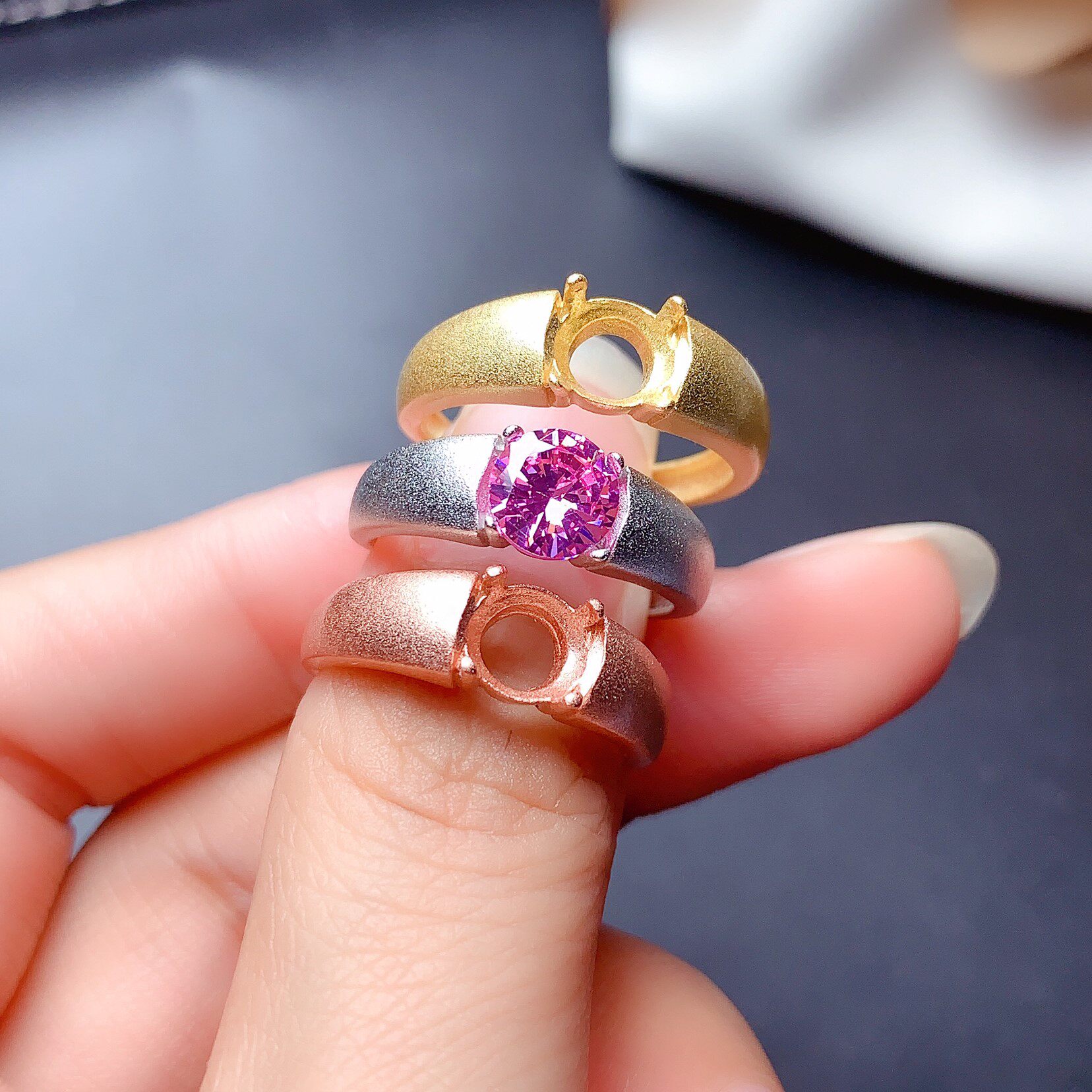 古法银情侣戒 925纯银 镀18k白金玫瑰金黄金色空托 圆6mm8mm 女戒