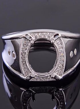 精工叠口 925纯银 镀18K白金 椭圆9*11 银托 男戒 BR1152