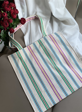双12福利 大容量 帆布TOTE 彩色条纹 单肩手提包