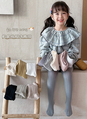 女童连裤袜精梳棉春秋款儿童连脚裤袜纯色女孩粗条光板连袜裤袜打
