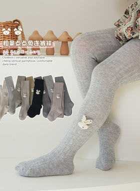 女童连裤袜春秋薄款粗条点点兔儿童打底袜宝宝连体打底裤白色洋气