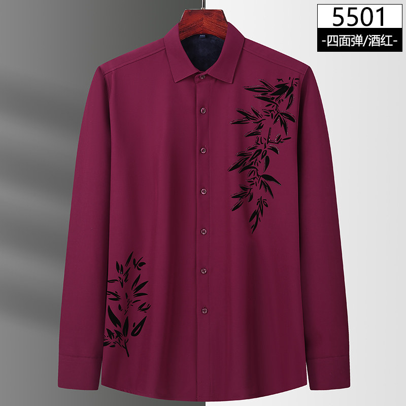2025年新款冬季刺绣印花弹力加绒加厚衬衫男士长袖寸休闲男式衬衫