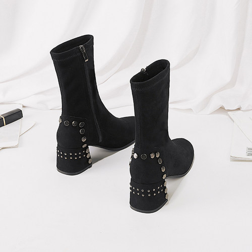 柳钉马丁靴女潮ins2023新款秋冬网红瘦瘦靴高跟短靴粗跟绒面靴子 - 封面