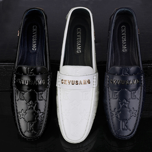 高级豆豆鞋男秋季2024新款真皮潮流休闲皮鞋软底一脚蹬白色懒人鞋