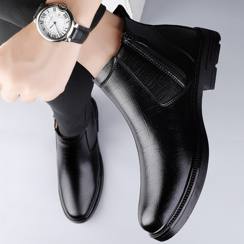 马丁靴男冬季2023新款真皮格纹商务男士皮靴加绒保暖防滑高帮男鞋