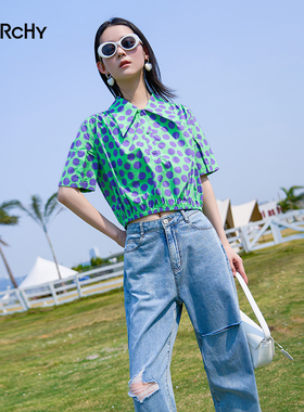 LARCHY来尔佳昵2024夏装翻领印花小衫