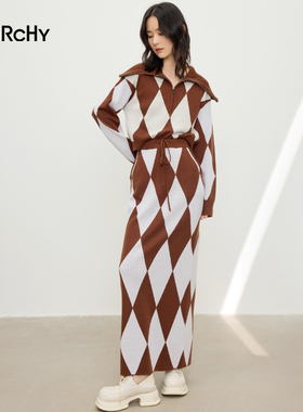 LARCHY来尔佳昵2024秋装翻领菱格毛织套装