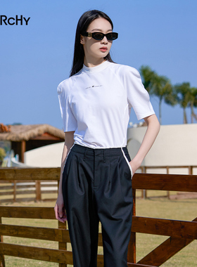 LARCHY来尔佳昵2024春装拼接立领T恤