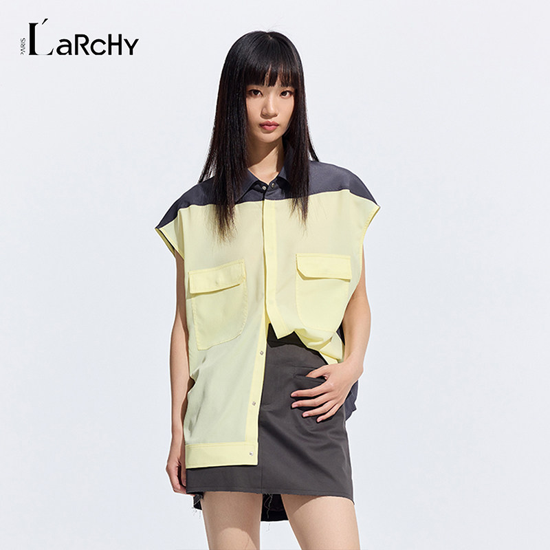 LARCHY来尔佳昵2026夏款立领拼色飞袖小衫