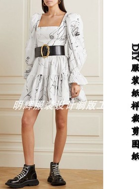 实物1:1图纸新款衣服样板收身大摆长袖连衣裙纸样-20036