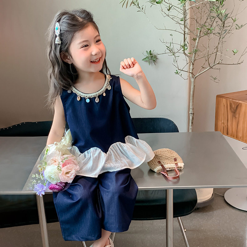 女童牛仔套装夏款2026新款女小童洋气薄款天丝无袖阔腿裤两件套潮