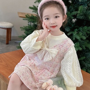 女童连衣裙秋装新款洋气儿童香风公主周岁宝宝礼服假两件裙子