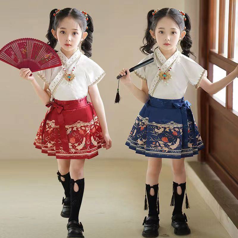 夏季女童马面裙儿童日常服套装送项链古装汉服女孩短袖半身裙,童装/婴儿装/亲子装,儿童演出服,淘宝优惠券,粉丝福利购,淘宝优惠卷