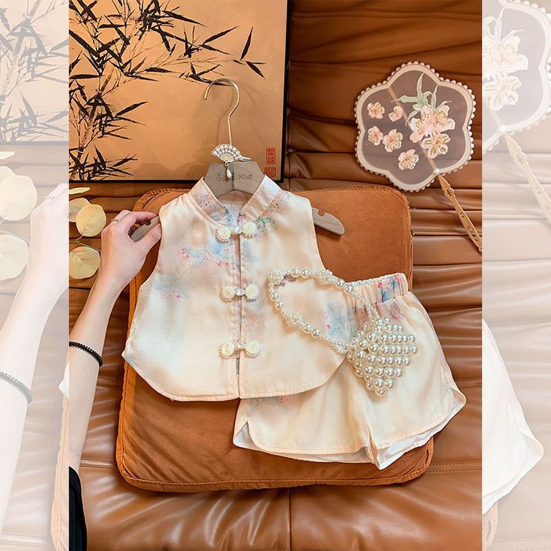 女童新中式夏装套装2024夏季新款洋气女宝宝国风上衣短裤两件套潮