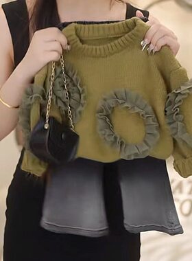 韩版女童2024秋季新款甜美洋气咸菜绿套头毛衣牛仔喇叭裤两件套潮