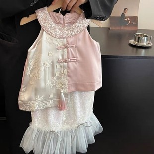 复古粉色汉服亮片鱼尾裙 时尚 新款 2024夏季 国风两件套 女童新中式