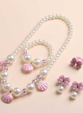 仿珍珠项链套装女孩粉色项链手链