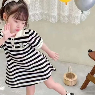 女童短袖裙2025外贸中小童夏季连衣裙黑白条纹刺绣裙中长款上衣裙