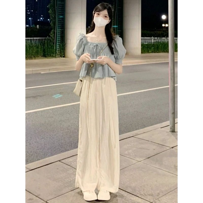 小个子茶系穿搭一整套女夏季2025年新款泡泡袖上衣可盐可甜两件套