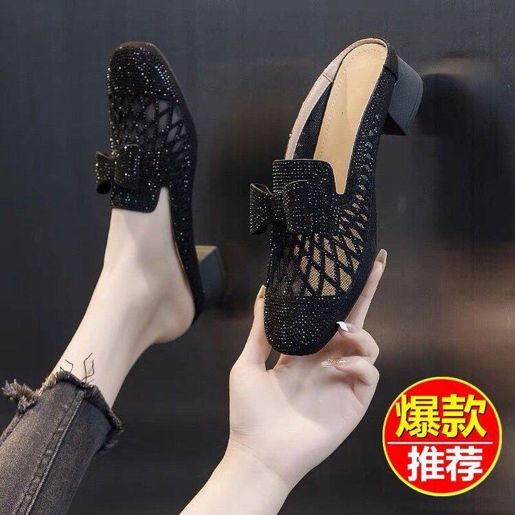 2025夏季新款时尚烫钻粗跟鱼嘴无后跟凉鞋外贸高跟凉拖外穿高品质