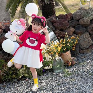 女童卡通网纱拼接裙夏季新款洋气公主裙宝宝甜美蝴蝶结短袖连衣裙