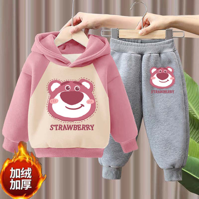 女童秋冬季套装儿童加绒卫衣加厚连帽上衣外套婴儿长袖衣服两件套