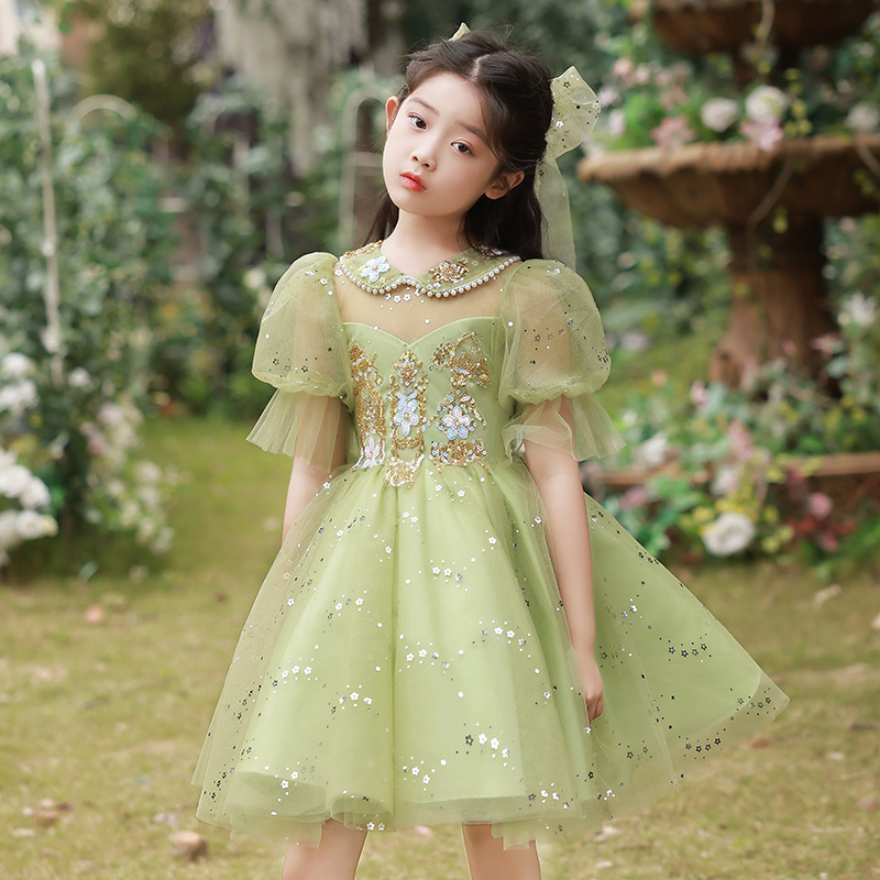 女童礼服儿童生日公主裙蓬蓬裙女孩主持人钢琴演出服绿色花童婚纱