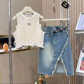 女童时髦夏装 软牛仔半身裙套装 2024现款 韩系镂空钩花背心吊带薄款