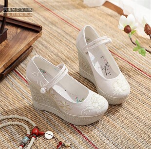 超高跟古风女单鞋夏 坡跟汉服鞋子超高防水台绣花鞋女 国风布鞋女