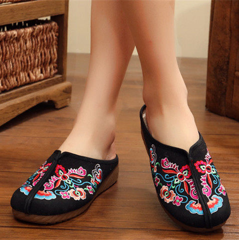 2020居家拖鞋 老北京坡跟布鞋 包头女凉拖绣花鞋内增高民族风女鞋