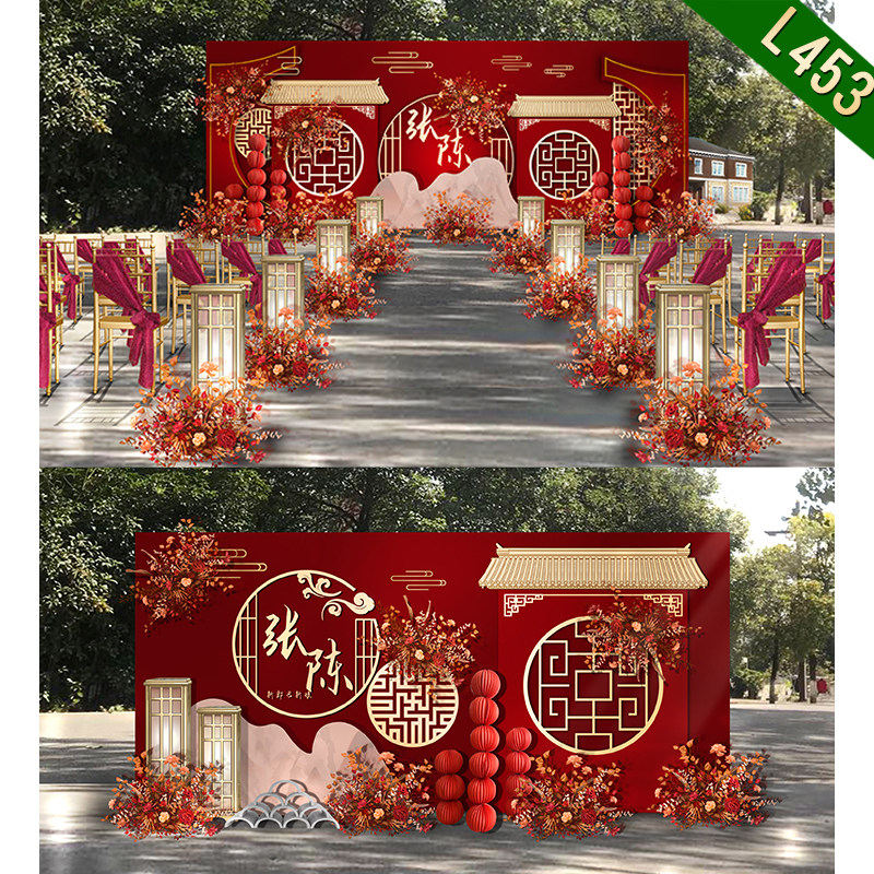 L453户外红色中式婚礼仿屋檐素材舞台迎宾背景效果图喷绘制作PSD