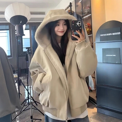 座山雕PU皮连帽毛领棉服女冬季美式高街加绒保暖棉衣棉袄加厚外套