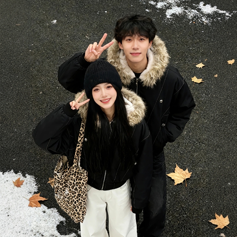 座山雕羊羔绒毛领连帽加绒棉服外套男女冬季加厚棉衣短款情侣棉袄