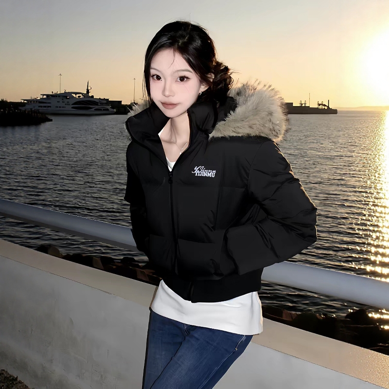 高级感冬季新款大毛领连帽羽绒棉服女短款显瘦加厚小个子棉袄外套