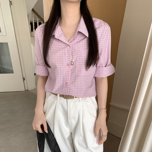 藕粉色格子衬衫女早秋文艺小清新小个子polo领五分袖短款格纹衬衣