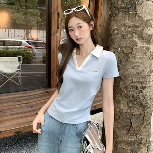 小个子短款 纯欲风翻领淡蓝色t恤女设计感小众V领polo衫 掐腰上衣夏