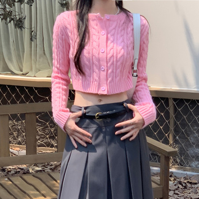 毛衣甜美露脐短款针织开衫蜜桃粉