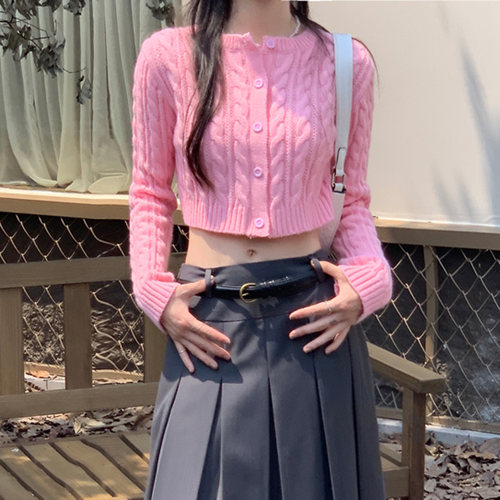 毛衣甜美露脐短款针织开衫蜜桃粉