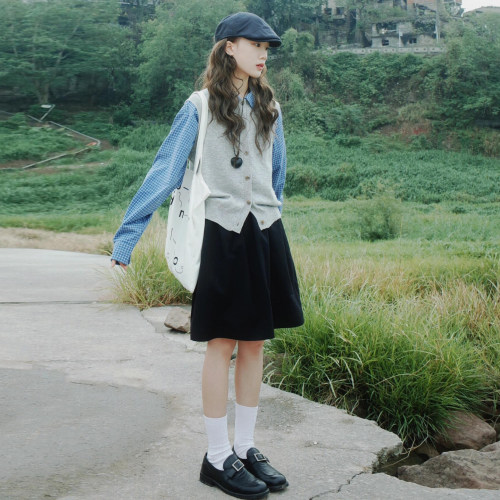 五分中裙百褶裙侧边双口袋半身裙