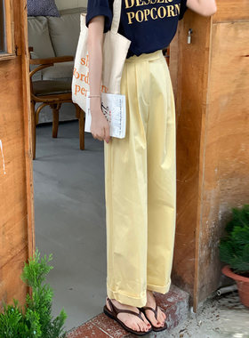 奶黄色裤子日系小清新高腰显瘦工装风休闲裤水洗棉夏鹅黄色阔腿裤