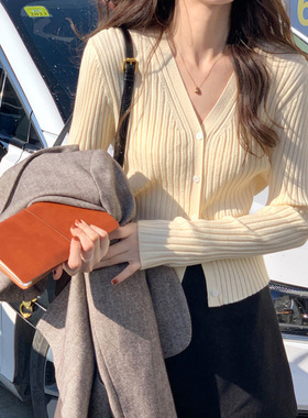 奶黄色毛衣开衫温柔bm风小个子洋气V领显瘦坑条鹅黄色针织衫外套