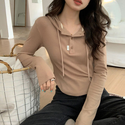 连帽上衣弧形女长袖奶咖色t恤