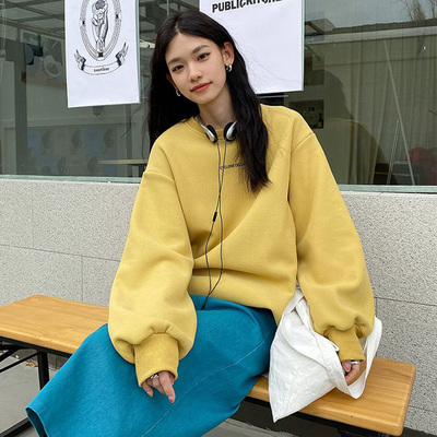 艾美妮加绒宽松韩版芒果黄卫衣