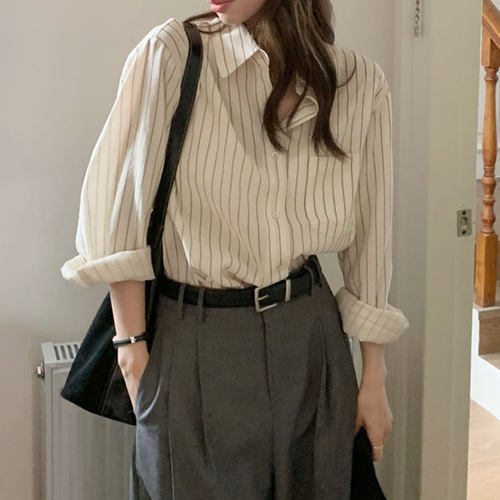米色条纹衬衫2024春新款日系学院风宽松设计感叠穿polo领长袖衬衣